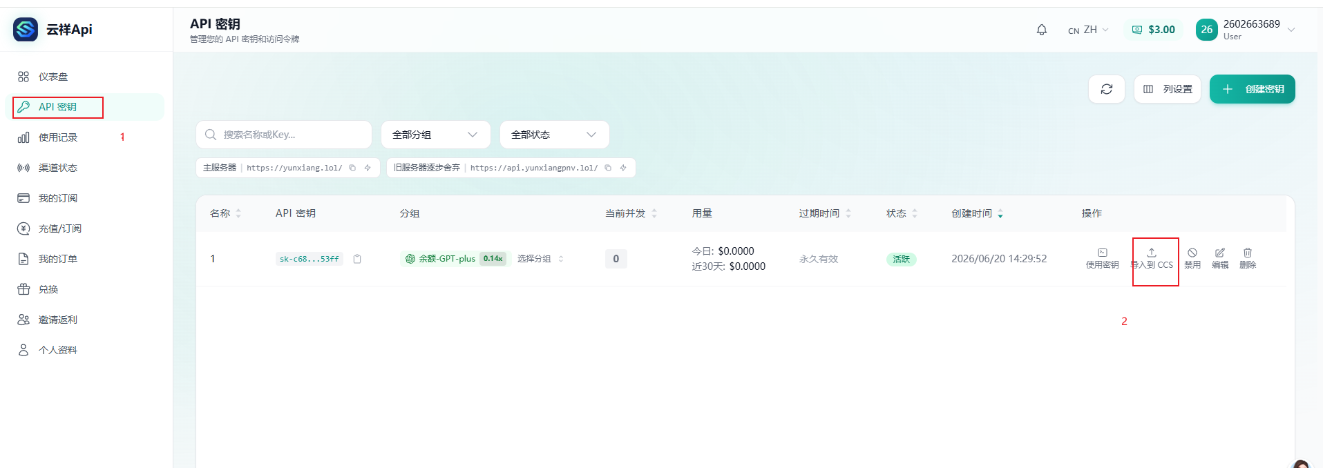 API 密钥列表中导入到 CCS 按钮被标注